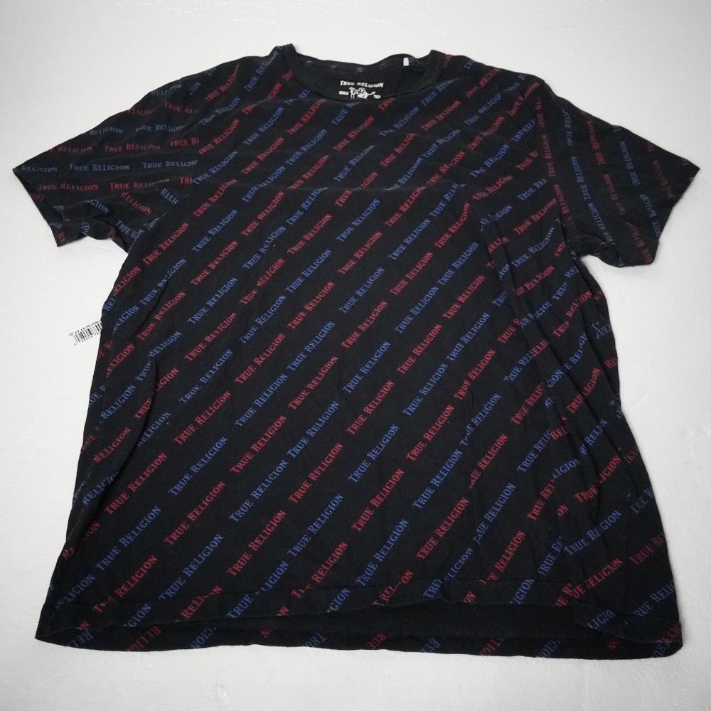 True Religion Brand All Over Logo Tee Black Red Print Size M Cotton Crewneck
